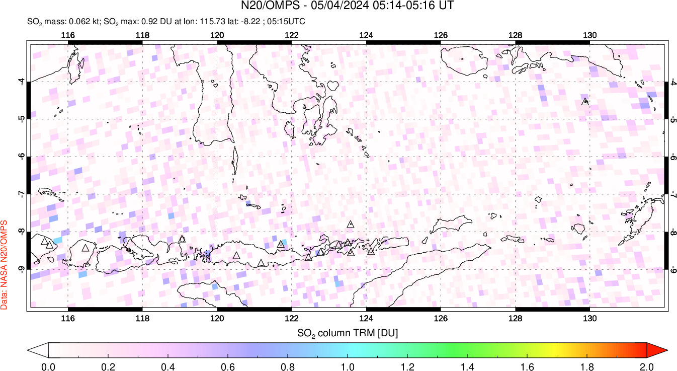 A sulfur dioxide image over Lesser Sunda Islands, Indonesia on May 04, 2024.