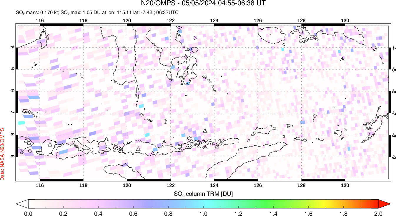 A sulfur dioxide image over Lesser Sunda Islands, Indonesia on May 05, 2024.