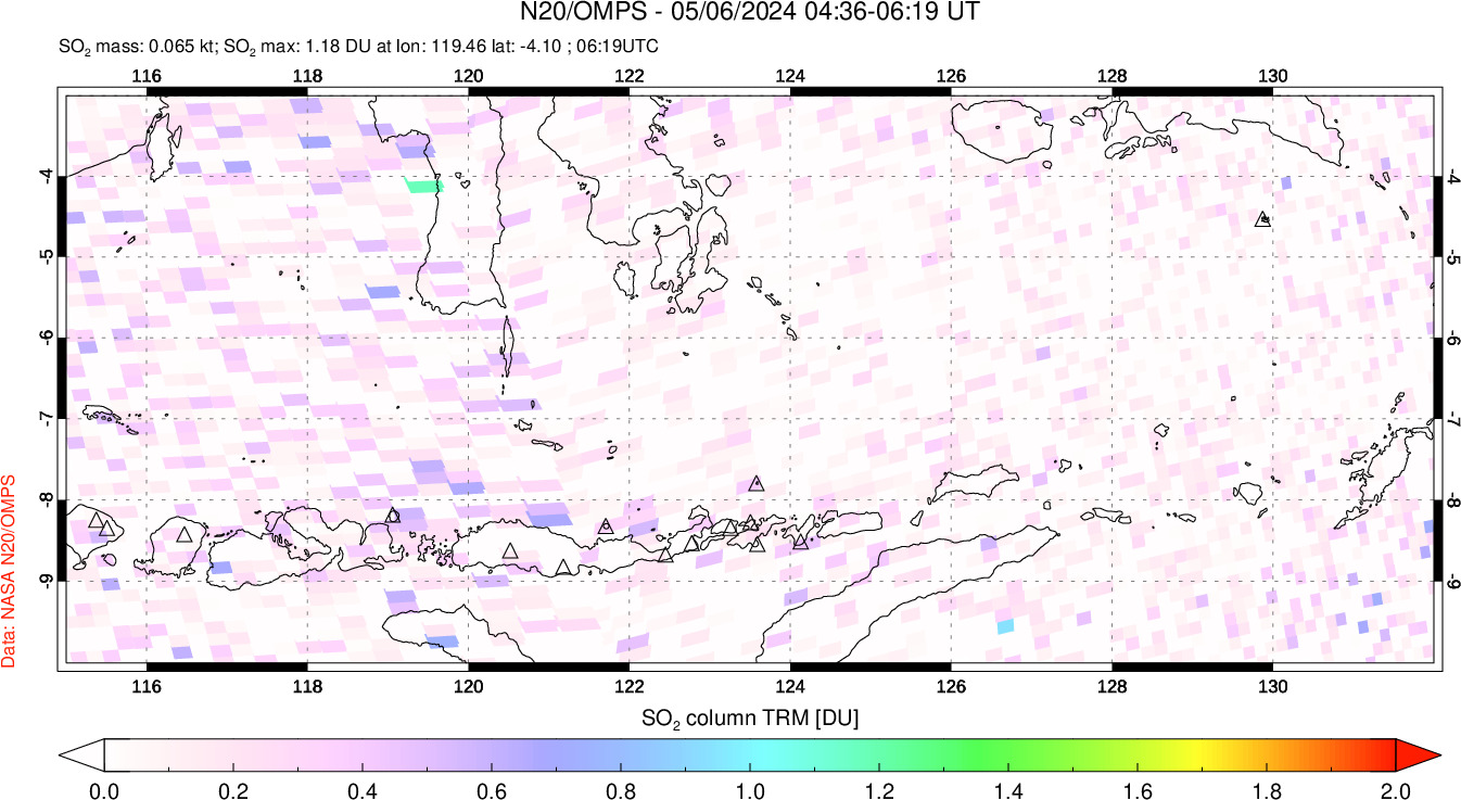 A sulfur dioxide image over Lesser Sunda Islands, Indonesia on May 06, 2024.