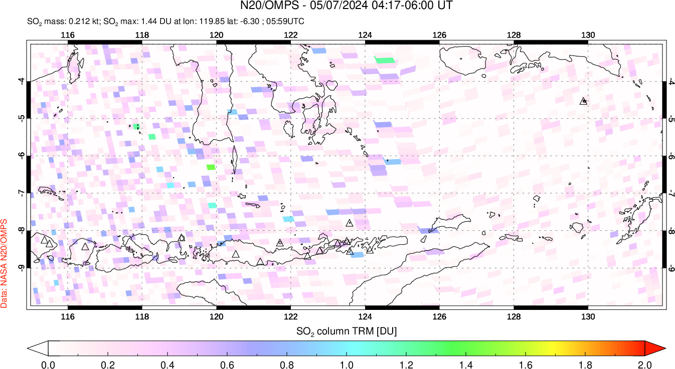 A sulfur dioxide image over Lesser Sunda Islands, Indonesia on May 07, 2024.