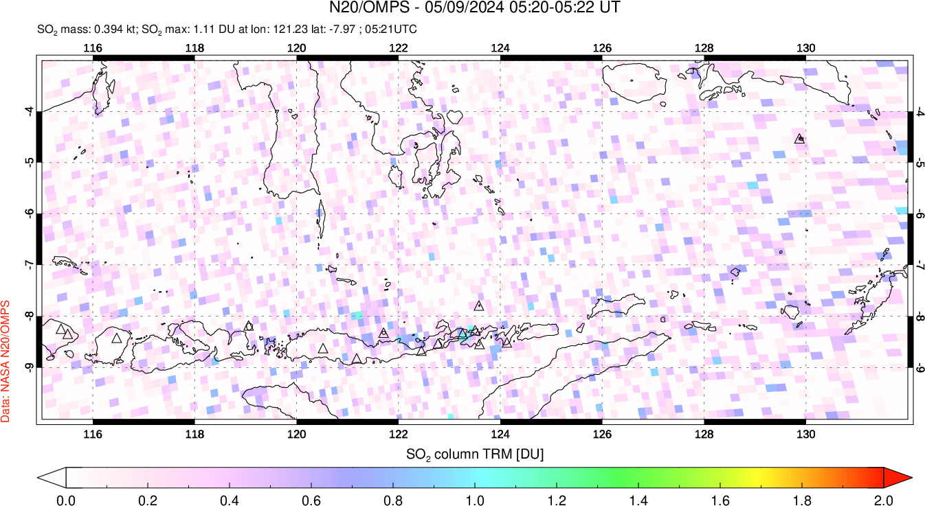 A sulfur dioxide image over Lesser Sunda Islands, Indonesia on May 09, 2024.