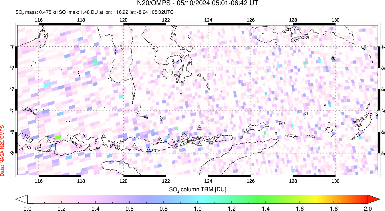 A sulfur dioxide image over Lesser Sunda Islands, Indonesia on May 10, 2024.