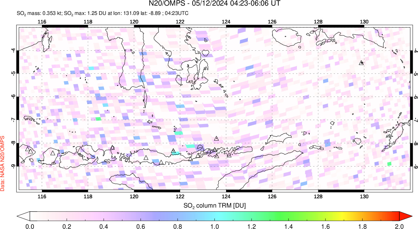 A sulfur dioxide image over Lesser Sunda Islands, Indonesia on May 12, 2024.