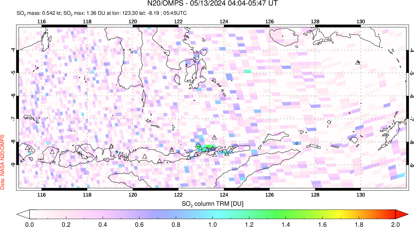 A sulfur dioxide image over Lesser Sunda Islands, Indonesia on May 13, 2024.