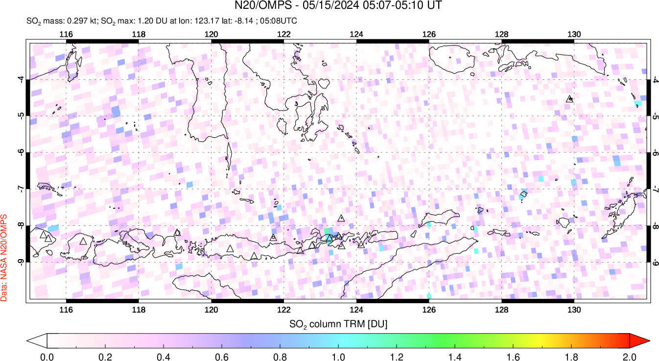 A sulfur dioxide image over Lesser Sunda Islands, Indonesia on May 15, 2024.