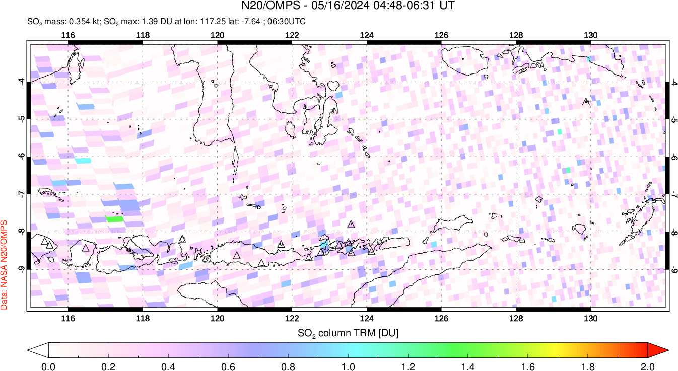 A sulfur dioxide image over Lesser Sunda Islands, Indonesia on May 16, 2024.