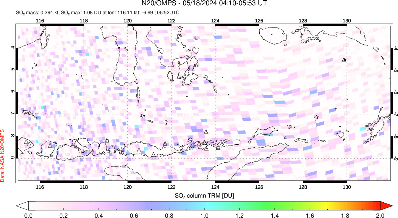 A sulfur dioxide image over Lesser Sunda Islands, Indonesia on May 18, 2024.