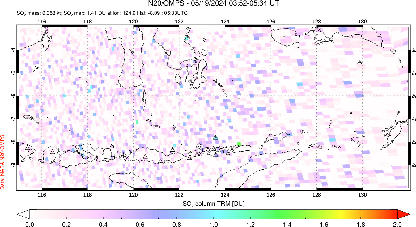 A sulfur dioxide image over Lesser Sunda Islands, Indonesia on May 19, 2024.