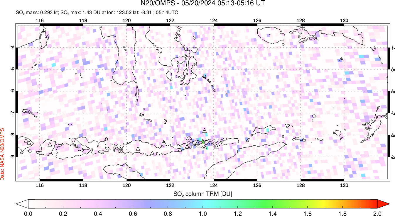 A sulfur dioxide image over Lesser Sunda Islands, Indonesia on May 20, 2024.