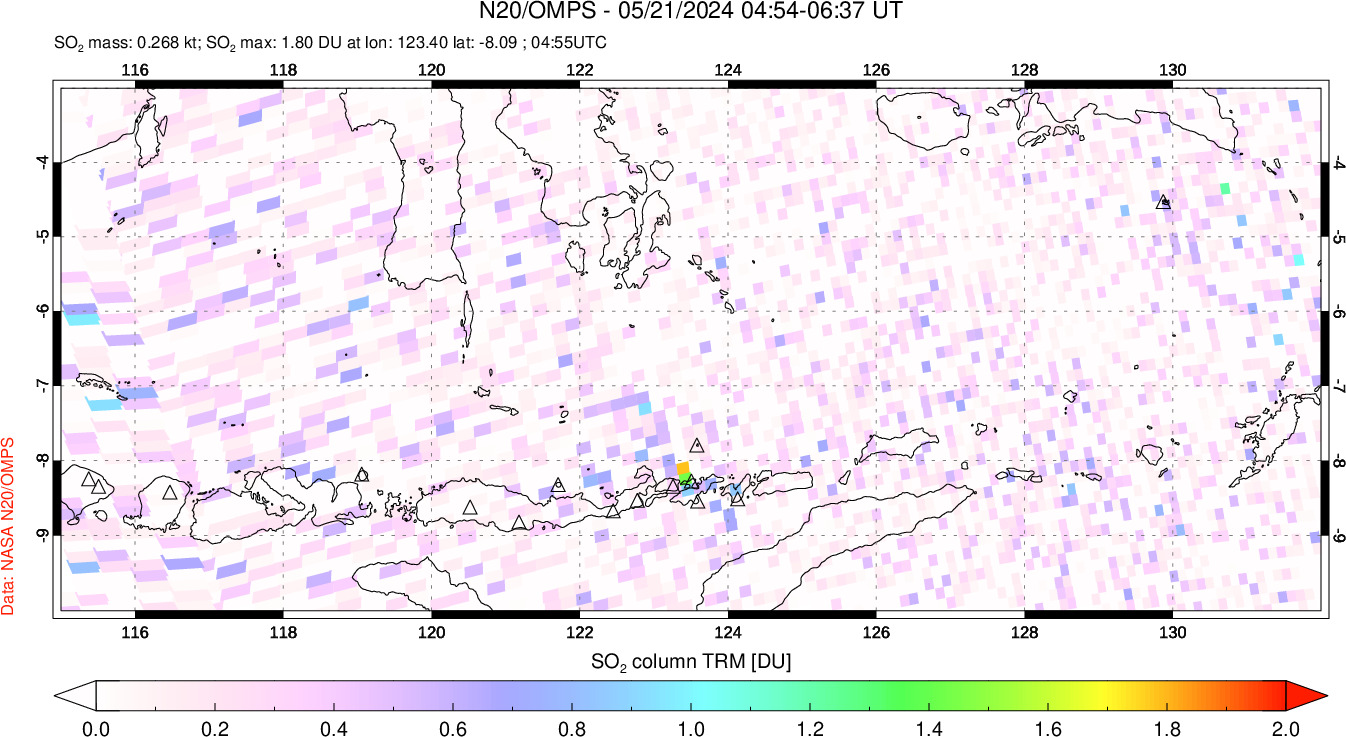 A sulfur dioxide image over Lesser Sunda Islands, Indonesia on May 21, 2024.