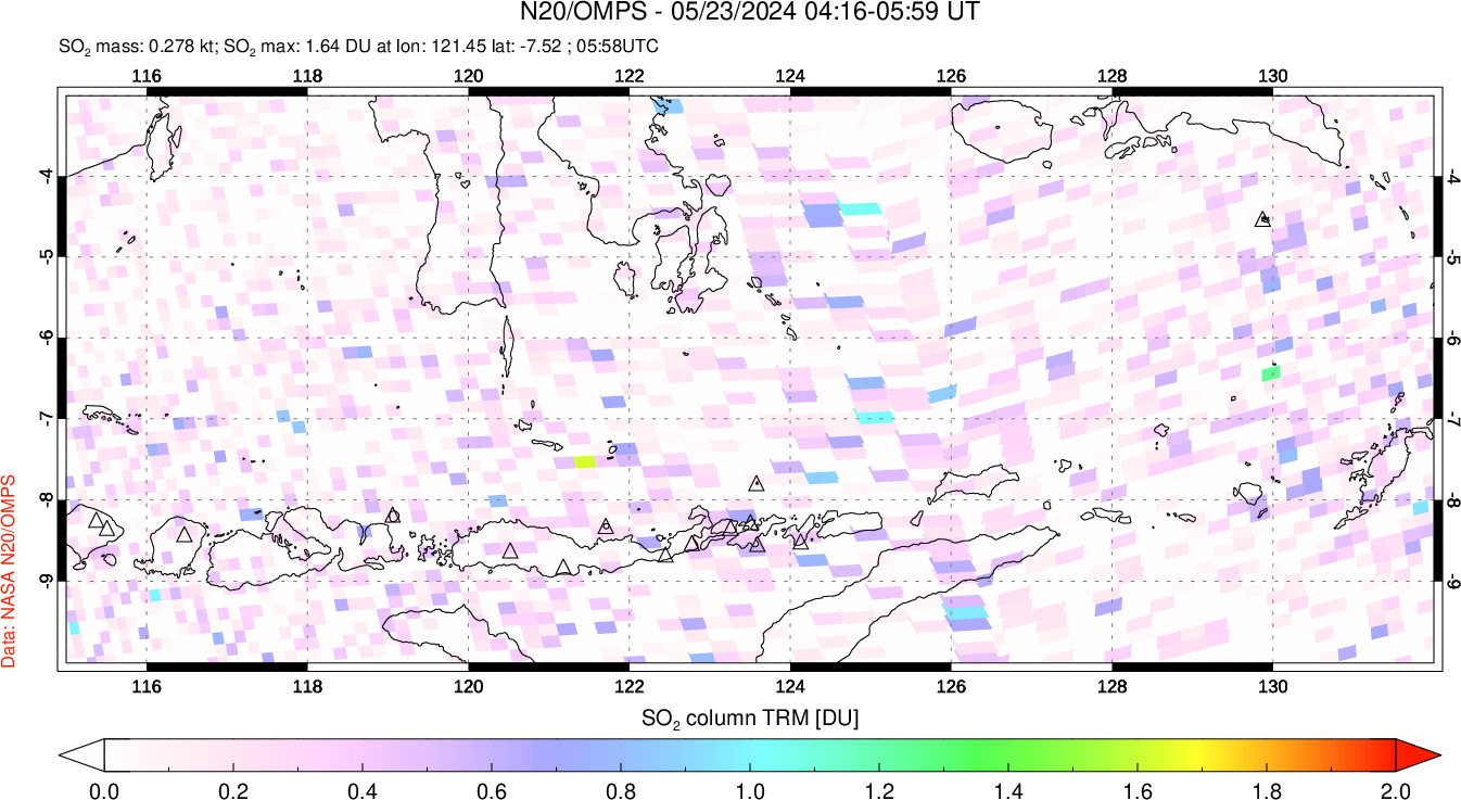 A sulfur dioxide image over Lesser Sunda Islands, Indonesia on May 23, 2024.