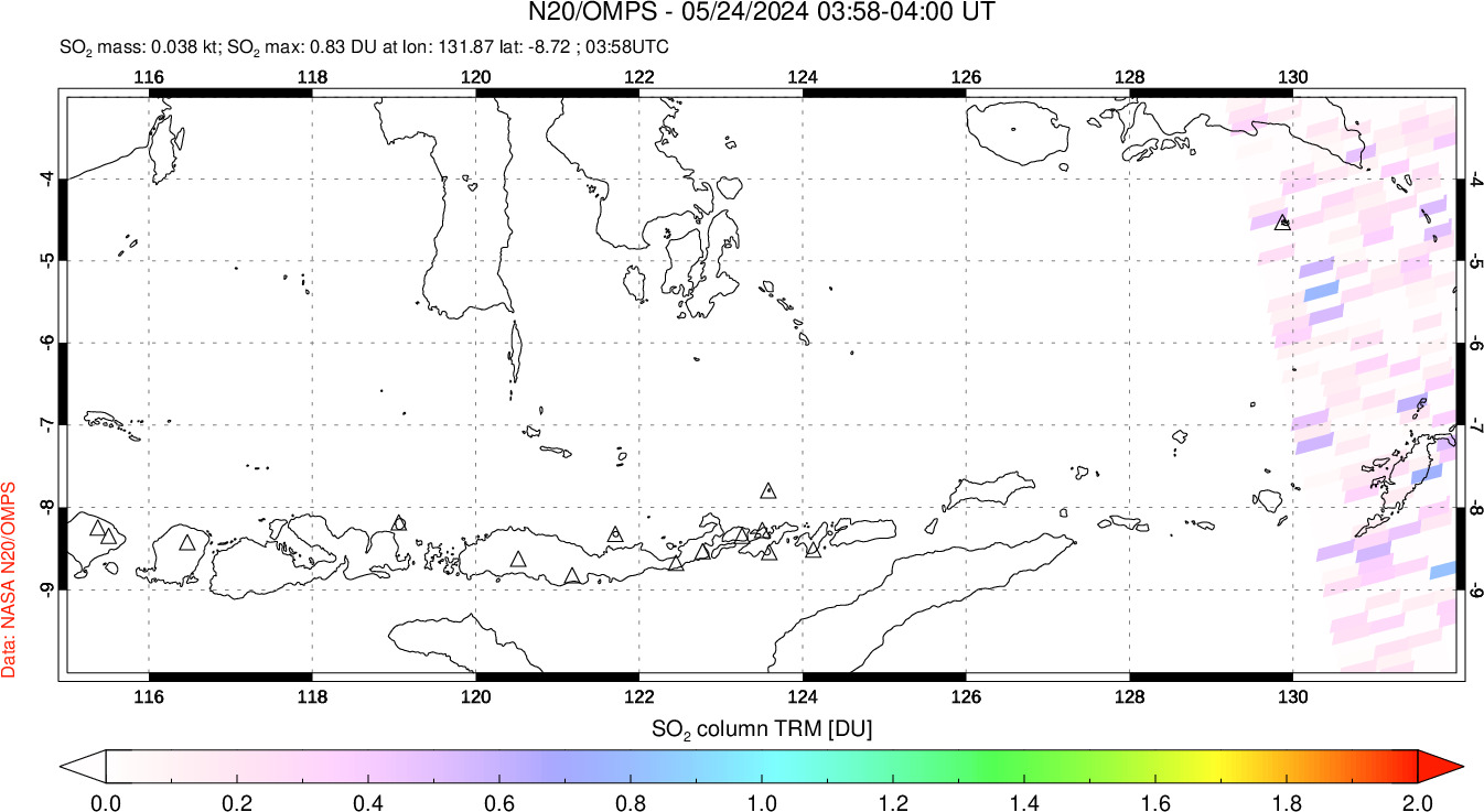 A sulfur dioxide image over Lesser Sunda Islands, Indonesia on May 24, 2024.