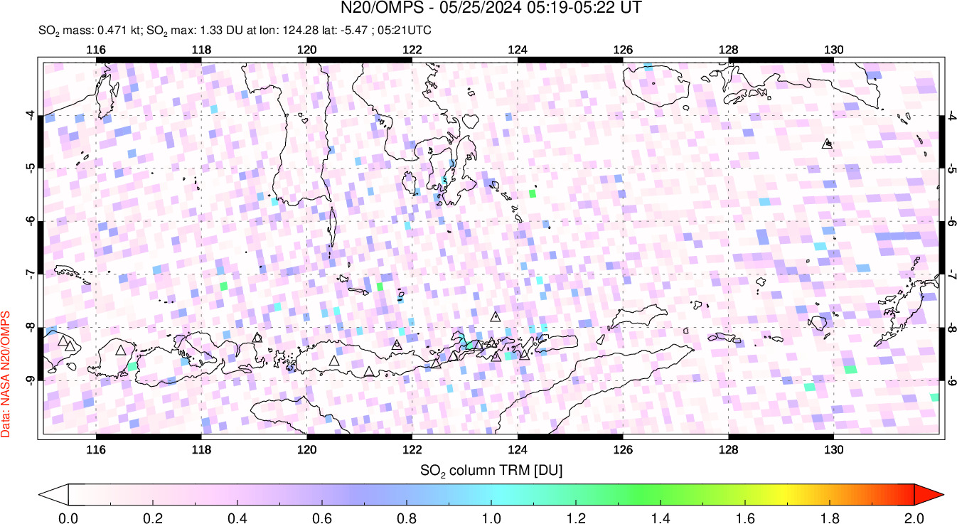 A sulfur dioxide image over Lesser Sunda Islands, Indonesia on May 25, 2024.