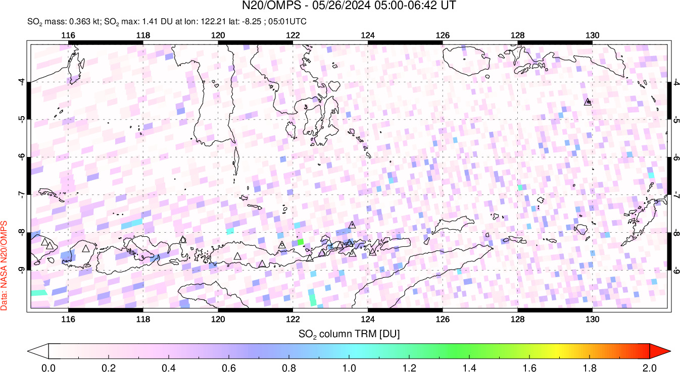 A sulfur dioxide image over Lesser Sunda Islands, Indonesia on May 26, 2024.