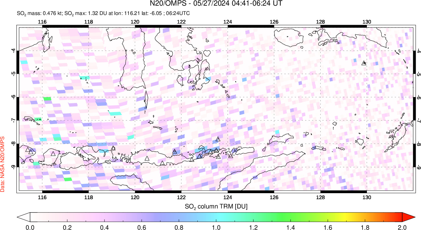 A sulfur dioxide image over Lesser Sunda Islands, Indonesia on May 27, 2024.