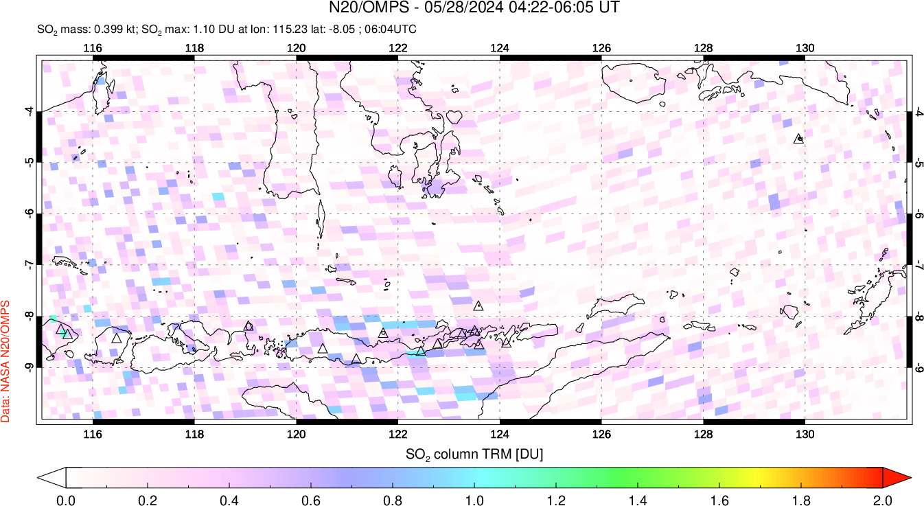 A sulfur dioxide image over Lesser Sunda Islands, Indonesia on May 28, 2024.