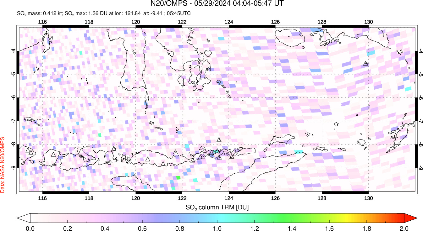 A sulfur dioxide image over Lesser Sunda Islands, Indonesia on May 29, 2024.