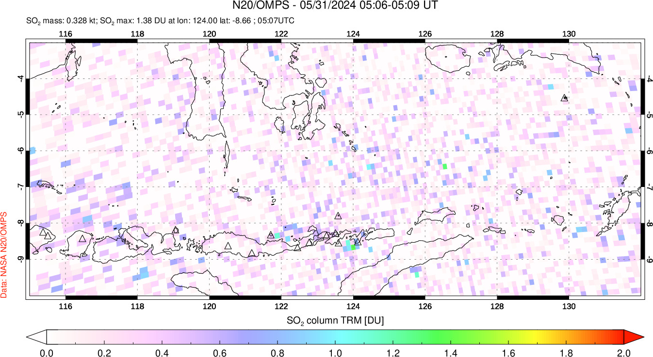 A sulfur dioxide image over Lesser Sunda Islands, Indonesia on May 31, 2024.