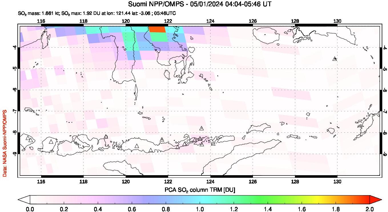 A sulfur dioxide image over Lesser Sunda Islands, Indonesia on May 01, 2024.