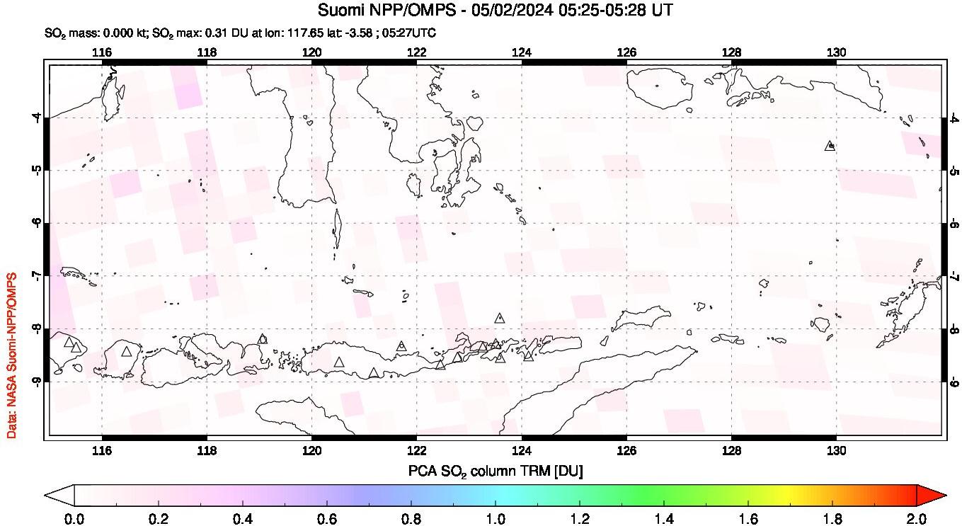 A sulfur dioxide image over Lesser Sunda Islands, Indonesia on May 02, 2024.