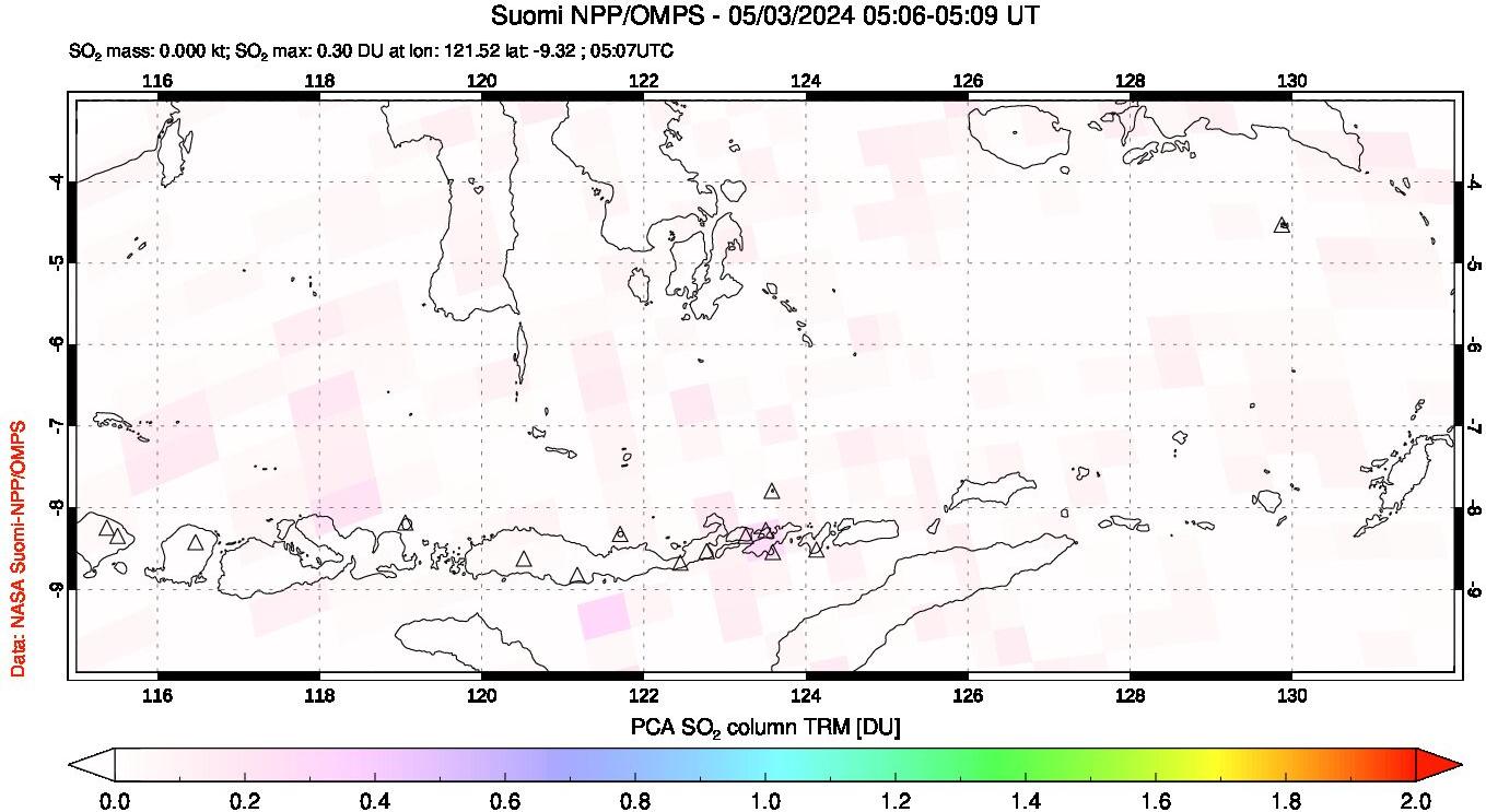 A sulfur dioxide image over Lesser Sunda Islands, Indonesia on May 03, 2024.