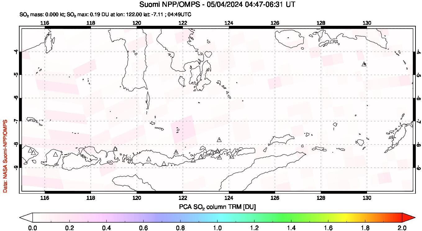 A sulfur dioxide image over Lesser Sunda Islands, Indonesia on May 04, 2024.