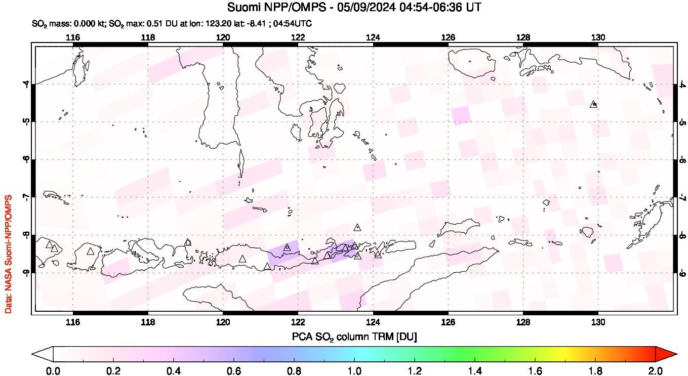 A sulfur dioxide image over Lesser Sunda Islands, Indonesia on May 09, 2024.