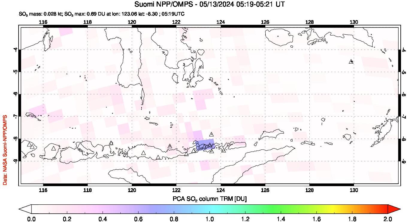 A sulfur dioxide image over Lesser Sunda Islands, Indonesia on May 13, 2024.