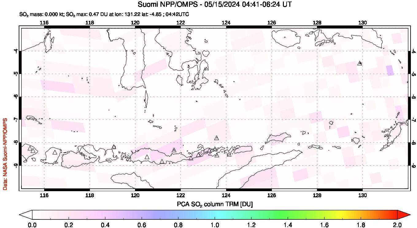 A sulfur dioxide image over Lesser Sunda Islands, Indonesia on May 15, 2024.