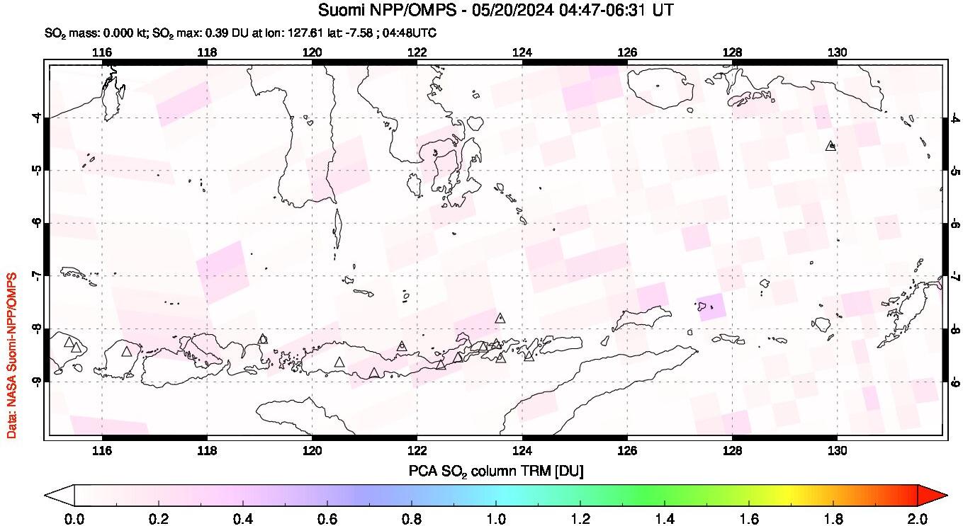 A sulfur dioxide image over Lesser Sunda Islands, Indonesia on May 20, 2024.