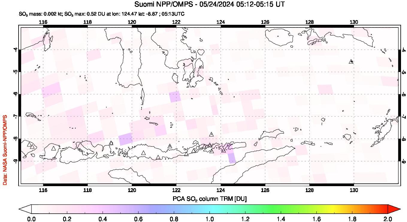 A sulfur dioxide image over Lesser Sunda Islands, Indonesia on May 24, 2024.