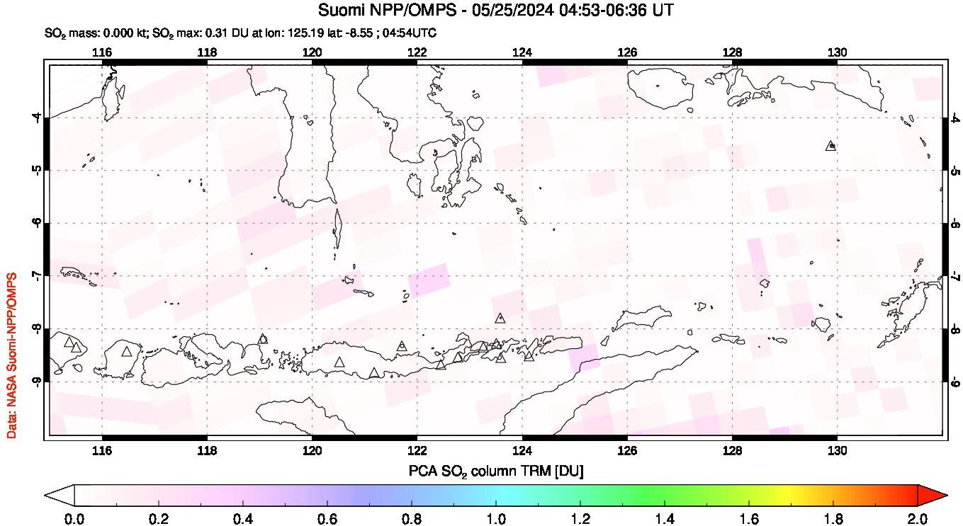 A sulfur dioxide image over Lesser Sunda Islands, Indonesia on May 25, 2024.