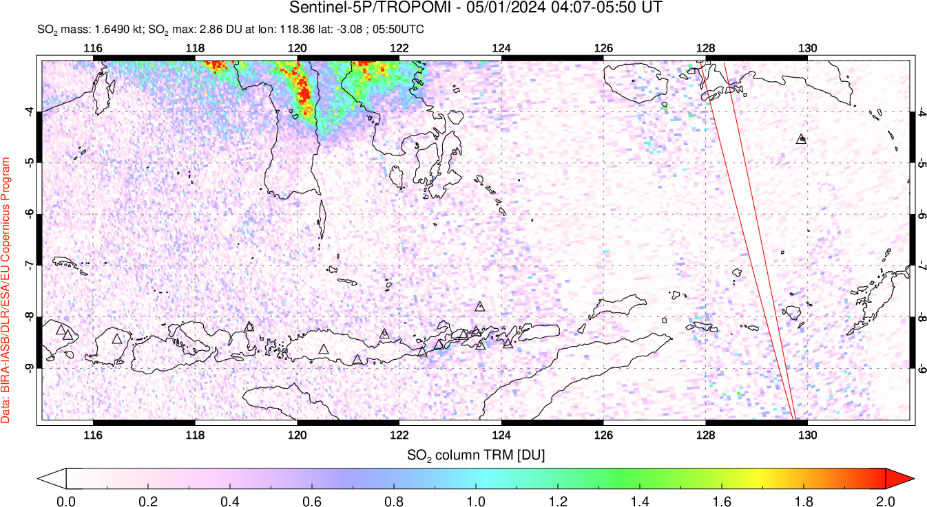 A sulfur dioxide image over Lesser Sunda Islands, Indonesia on May 01, 2024.