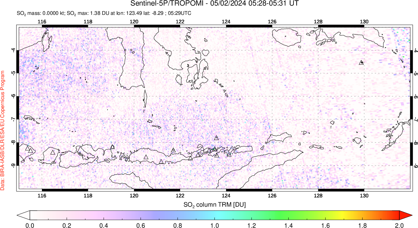 A sulfur dioxide image over Lesser Sunda Islands, Indonesia on May 02, 2024.