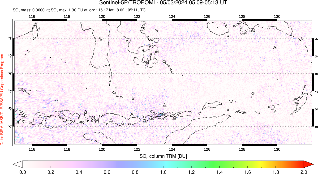 A sulfur dioxide image over Lesser Sunda Islands, Indonesia on May 03, 2024.