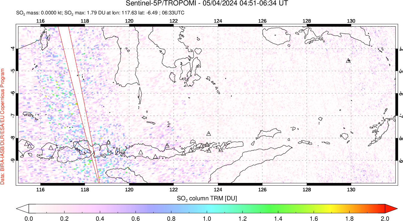 A sulfur dioxide image over Lesser Sunda Islands, Indonesia on May 04, 2024.