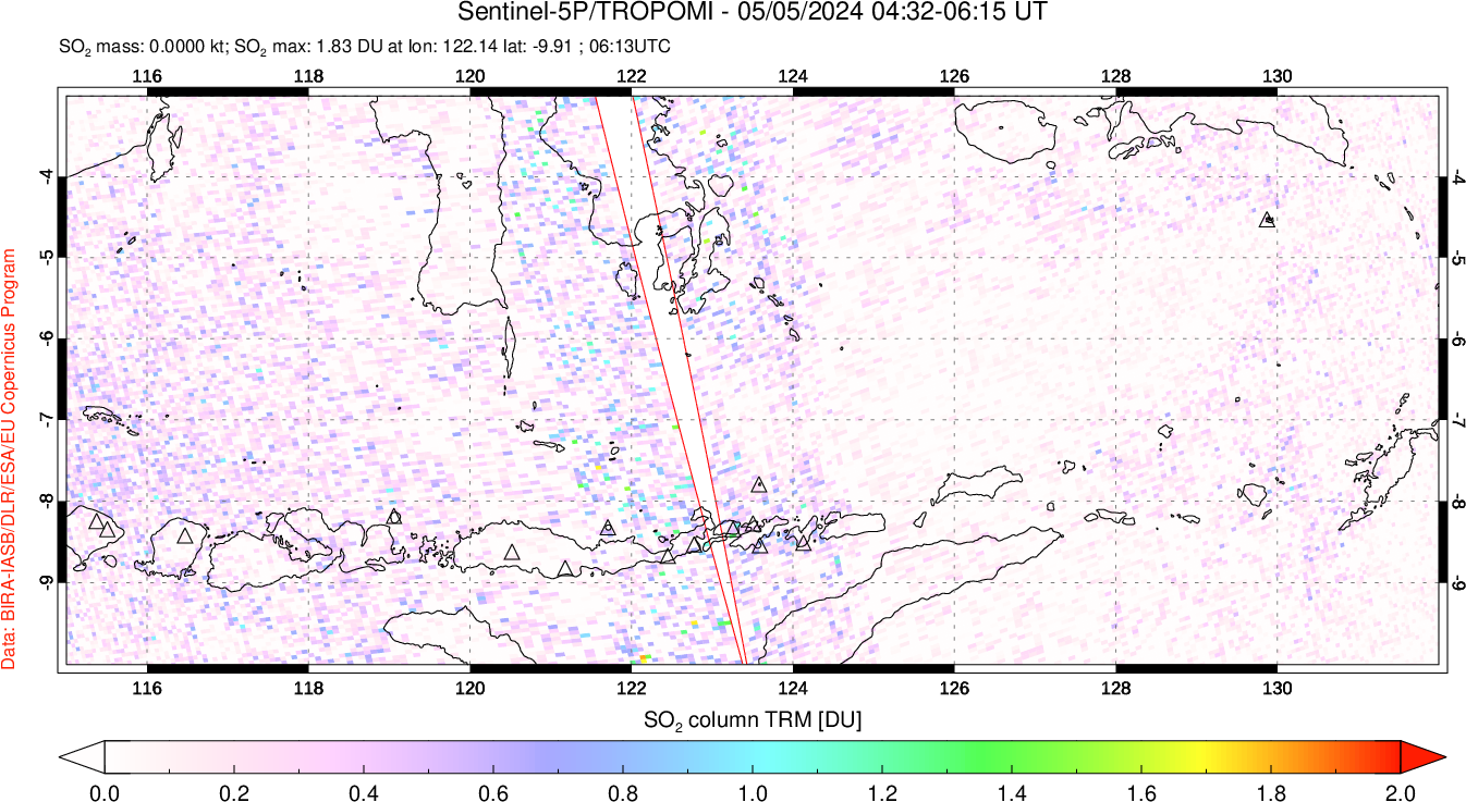 A sulfur dioxide image over Lesser Sunda Islands, Indonesia on May 05, 2024.