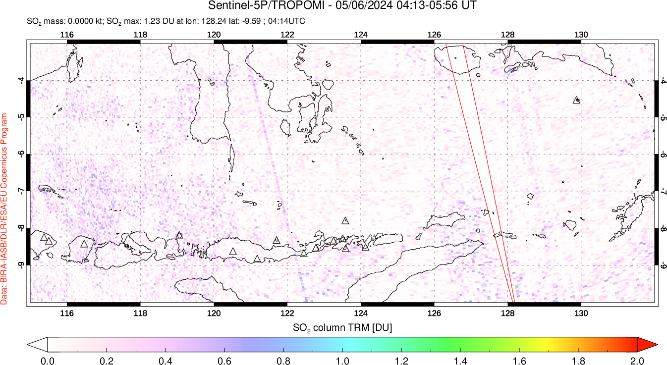 A sulfur dioxide image over Lesser Sunda Islands, Indonesia on May 06, 2024.