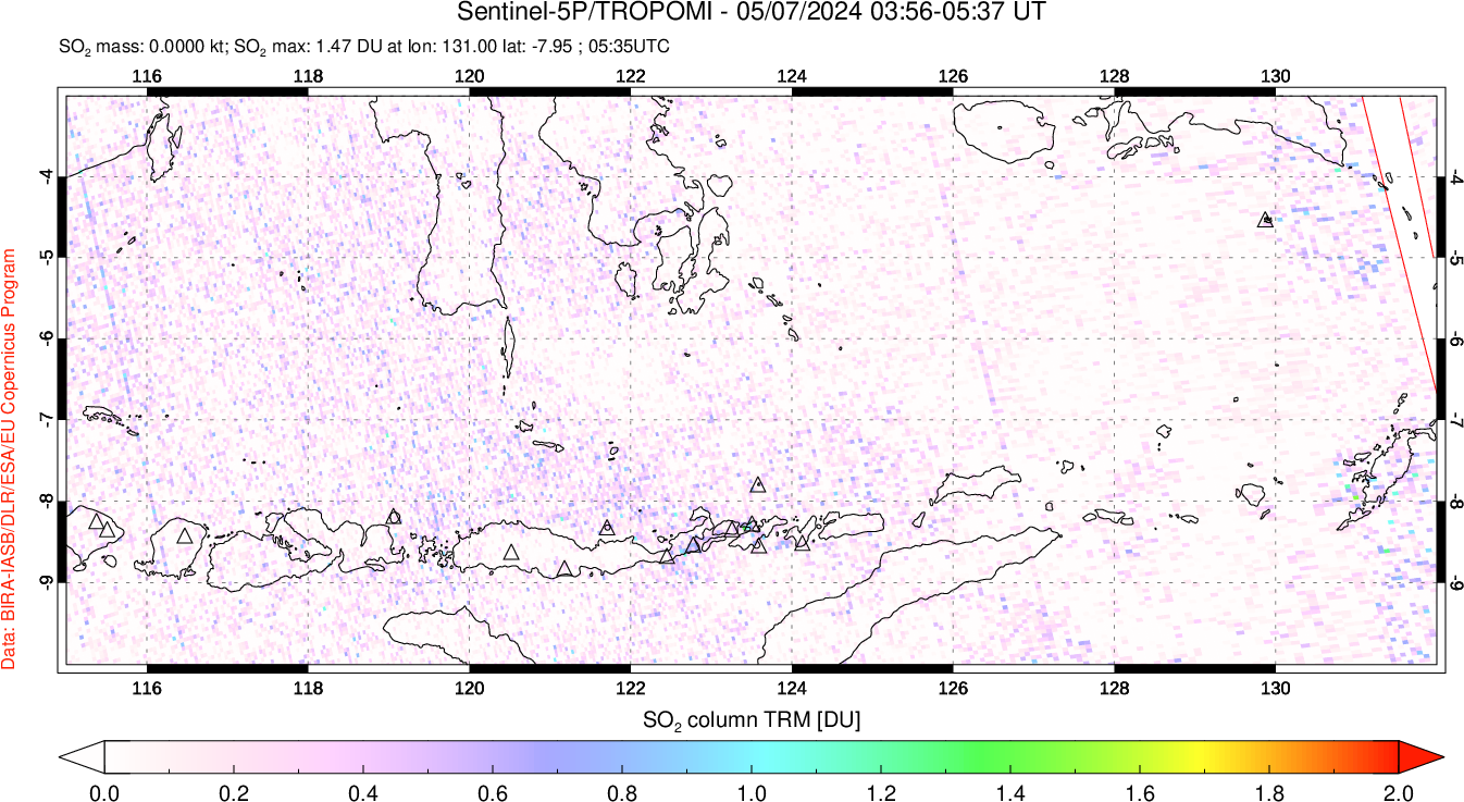 A sulfur dioxide image over Lesser Sunda Islands, Indonesia on May 07, 2024.