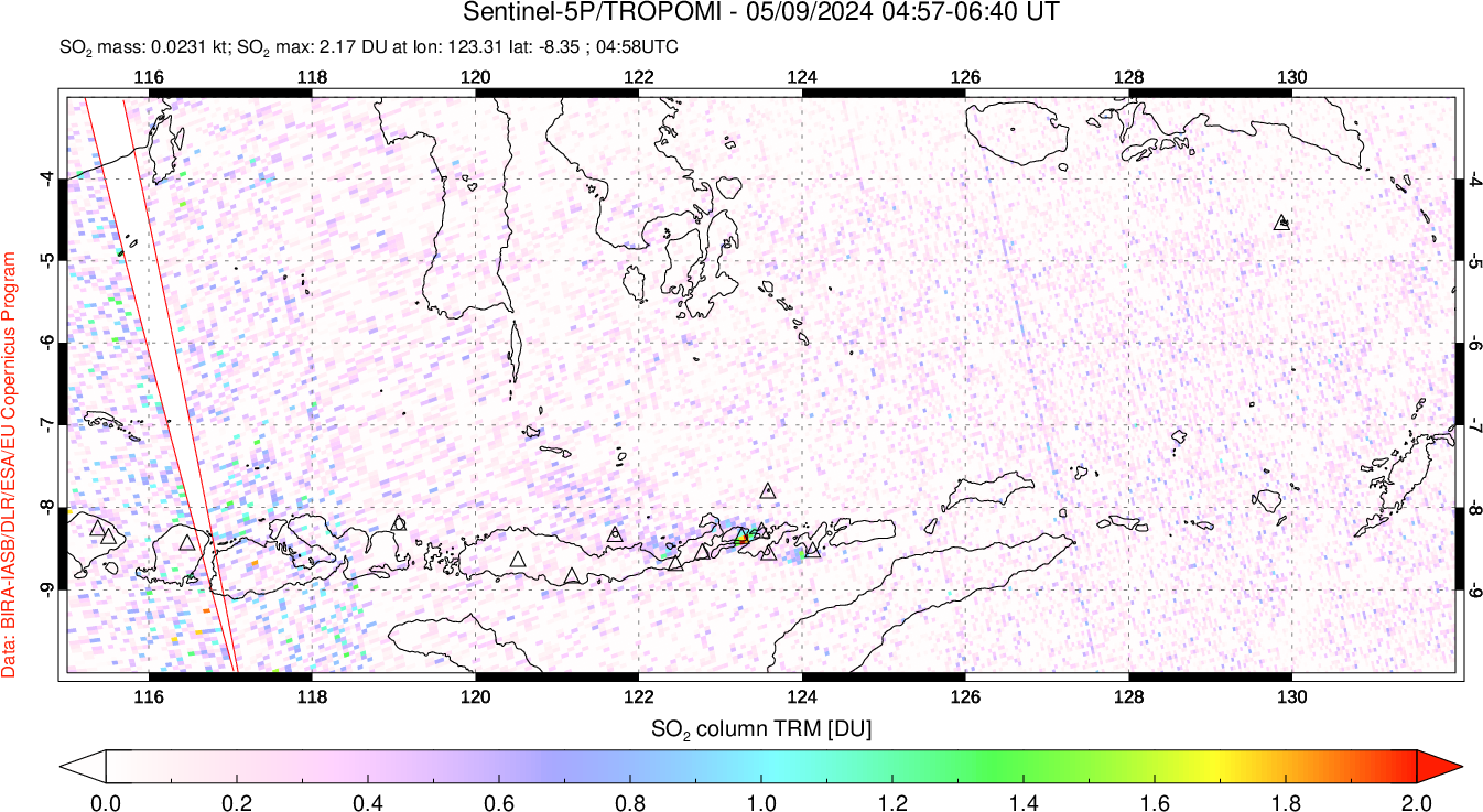 A sulfur dioxide image over Lesser Sunda Islands, Indonesia on May 09, 2024.