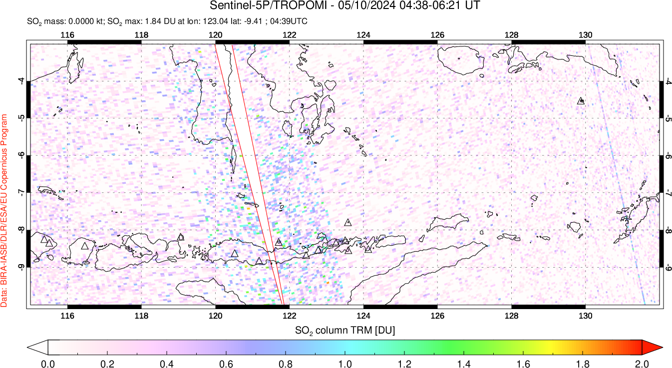 A sulfur dioxide image over Lesser Sunda Islands, Indonesia on May 10, 2024.