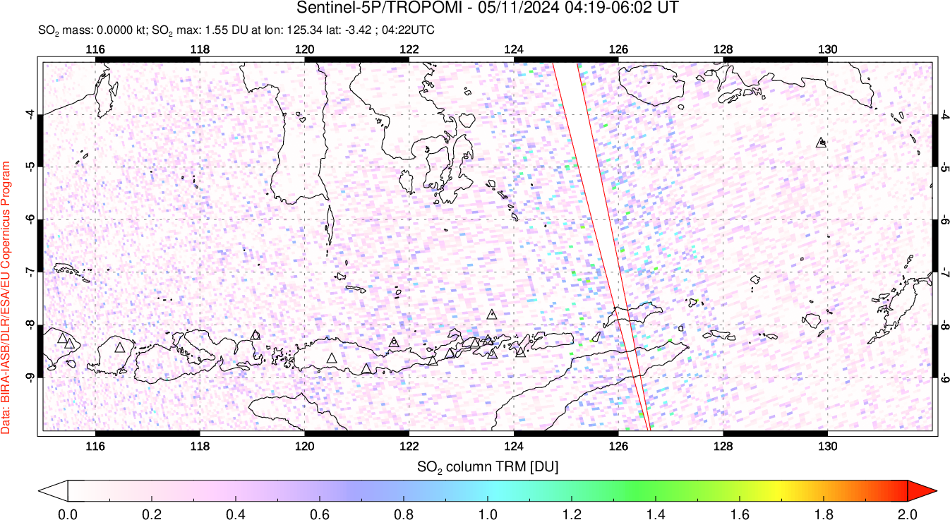 A sulfur dioxide image over Lesser Sunda Islands, Indonesia on May 11, 2024.