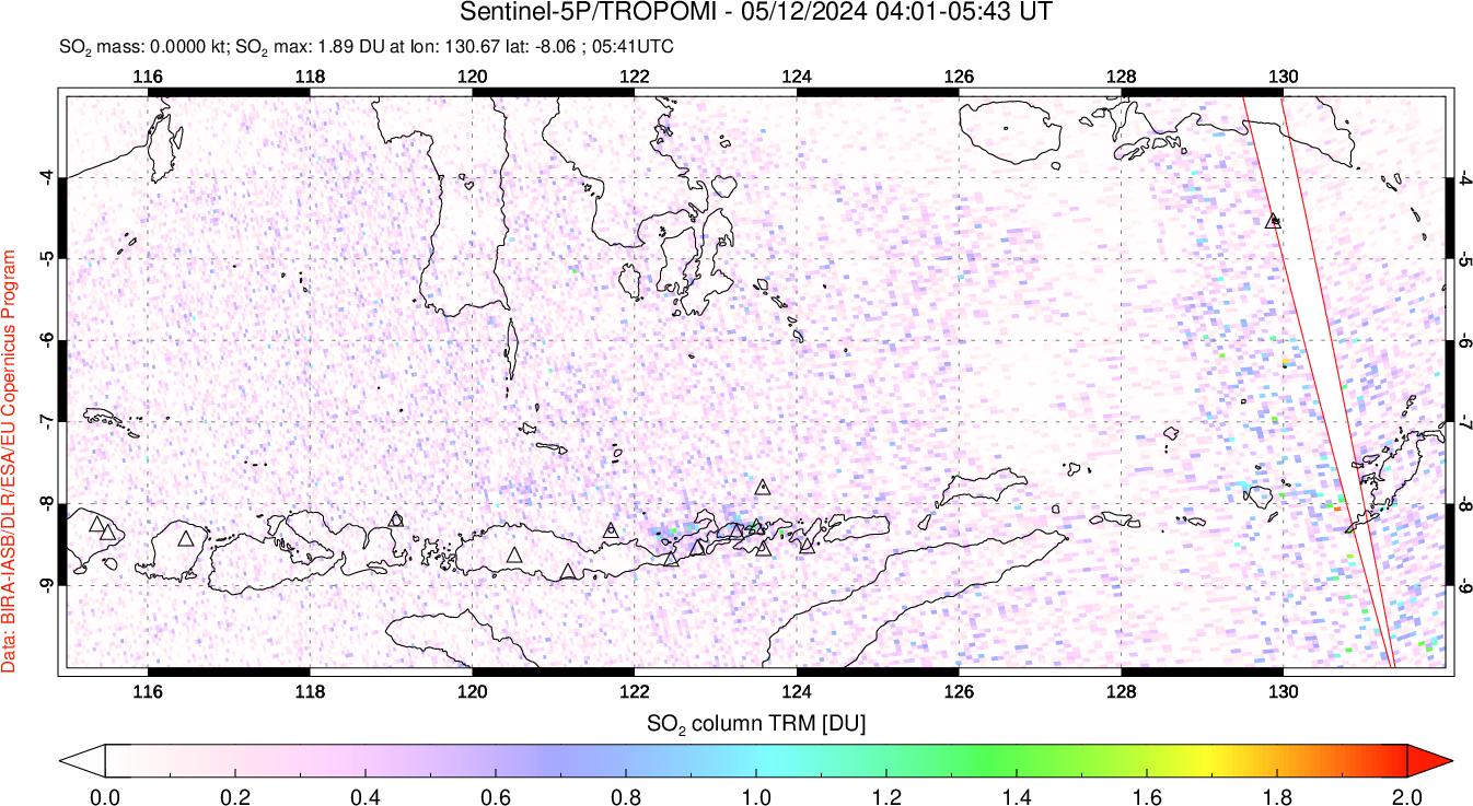 A sulfur dioxide image over Lesser Sunda Islands, Indonesia on May 12, 2024.