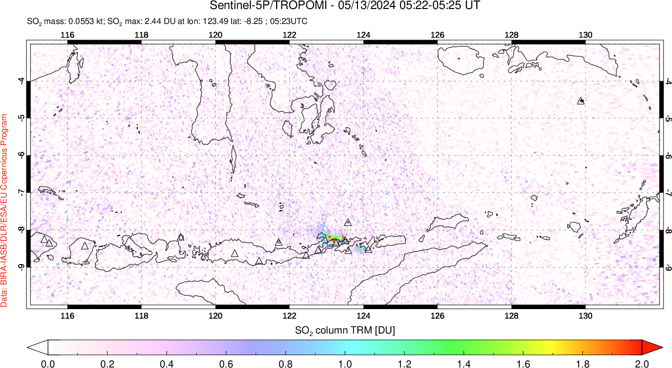 A sulfur dioxide image over Lesser Sunda Islands, Indonesia on May 13, 2024.