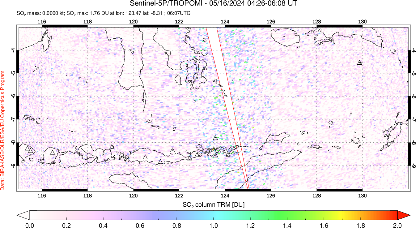 A sulfur dioxide image over Lesser Sunda Islands, Indonesia on May 16, 2024.