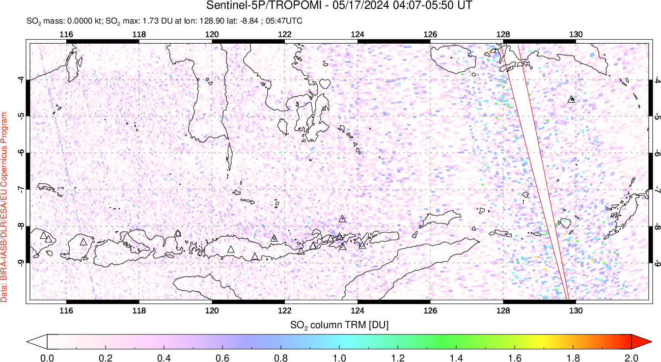 A sulfur dioxide image over Lesser Sunda Islands, Indonesia on May 17, 2024.