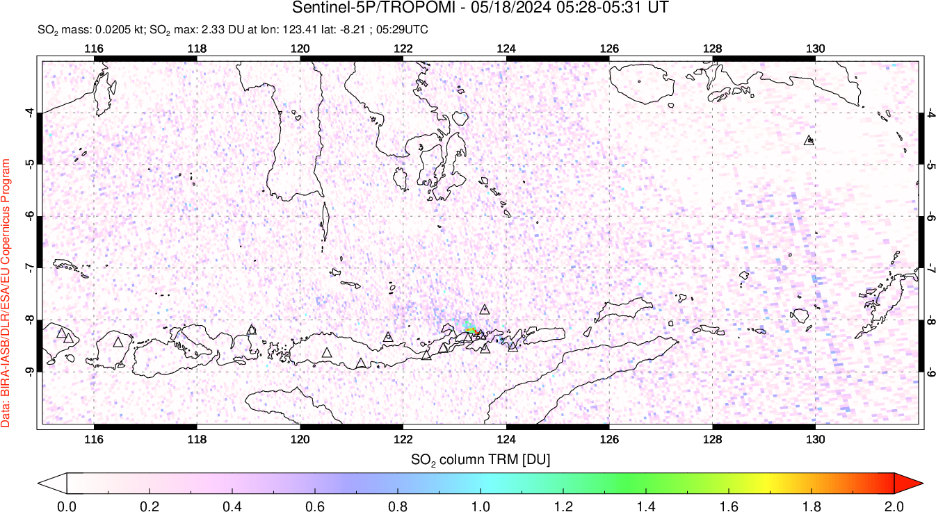 A sulfur dioxide image over Lesser Sunda Islands, Indonesia on May 18, 2024.