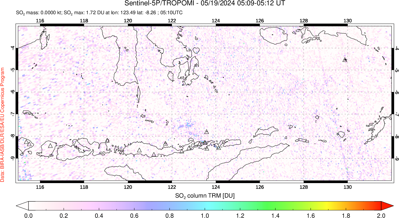 A sulfur dioxide image over Lesser Sunda Islands, Indonesia on May 19, 2024.