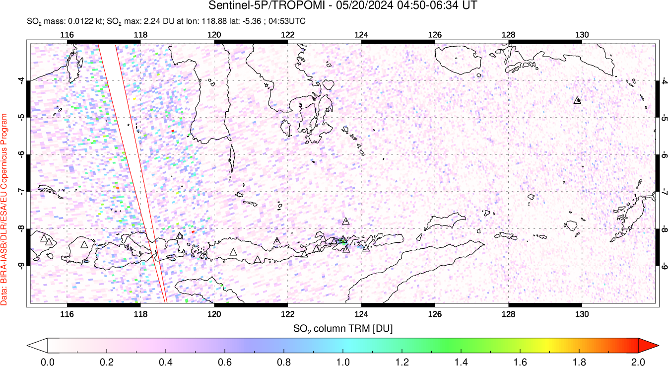 A sulfur dioxide image over Lesser Sunda Islands, Indonesia on May 20, 2024.