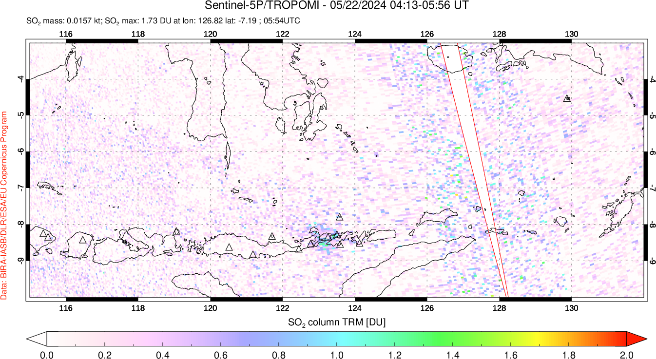 A sulfur dioxide image over Lesser Sunda Islands, Indonesia on May 22, 2024.